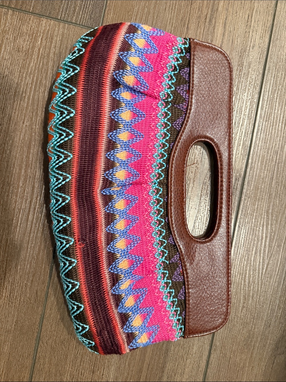 Handwoven Multicolor Clutch Bag with Brown Leather Trim
